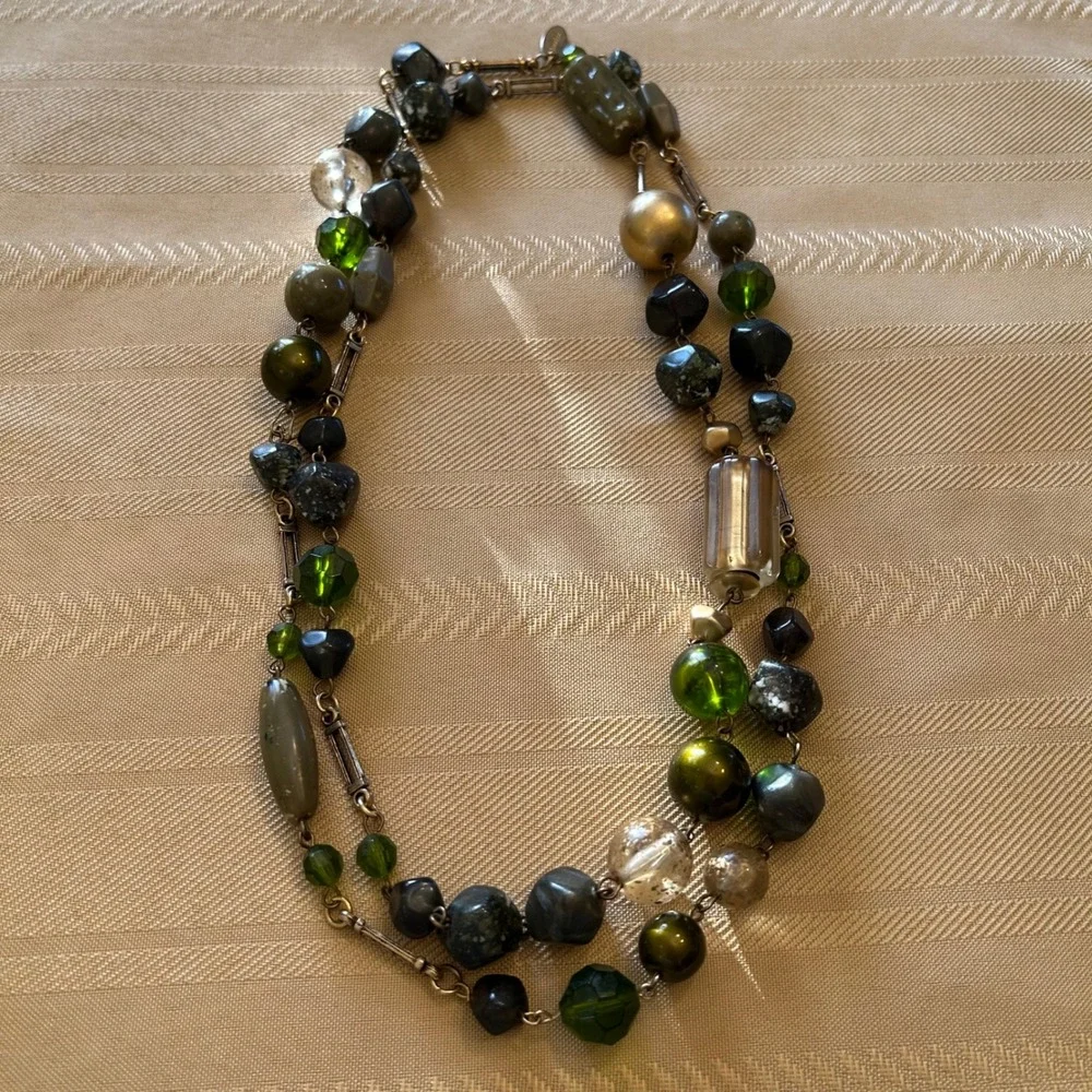 Express Vintage Italy Handmade Long Beaded‎ Necklace 90's Green Gold Earth Tones